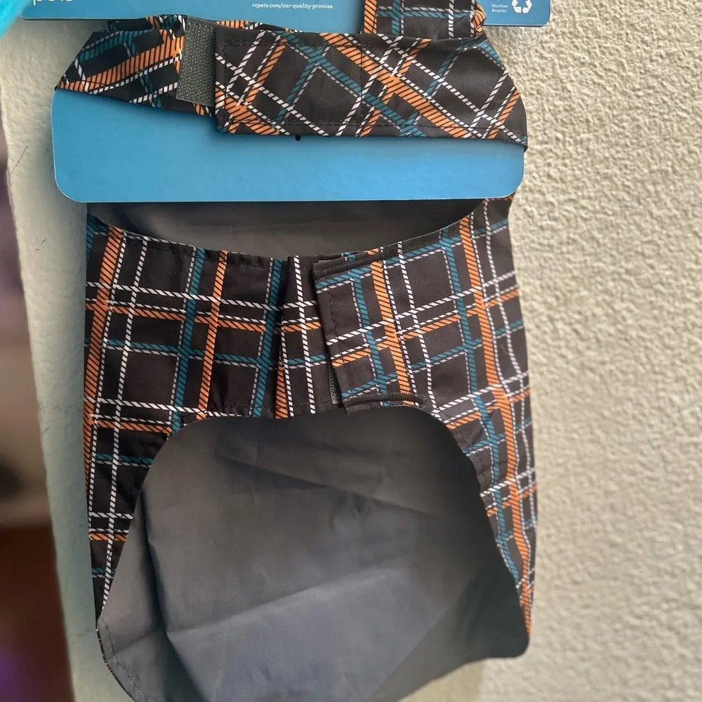 Delta Plaid Rain Slicker with Black, Orange, and Blue dog Rain coat Small NWT